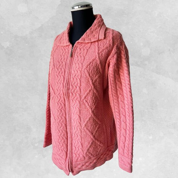 Aran Crafts Irish Merino Wool Coral Pink Collared Zip Cardigan Sweater-Women's M - Picture 2 of 8